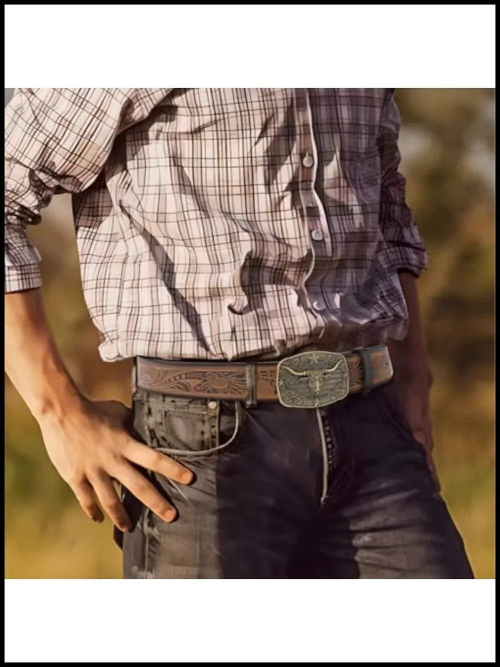 Men's Cowhide Leather Western Belt with Engraved Zinc Alloy Buckle